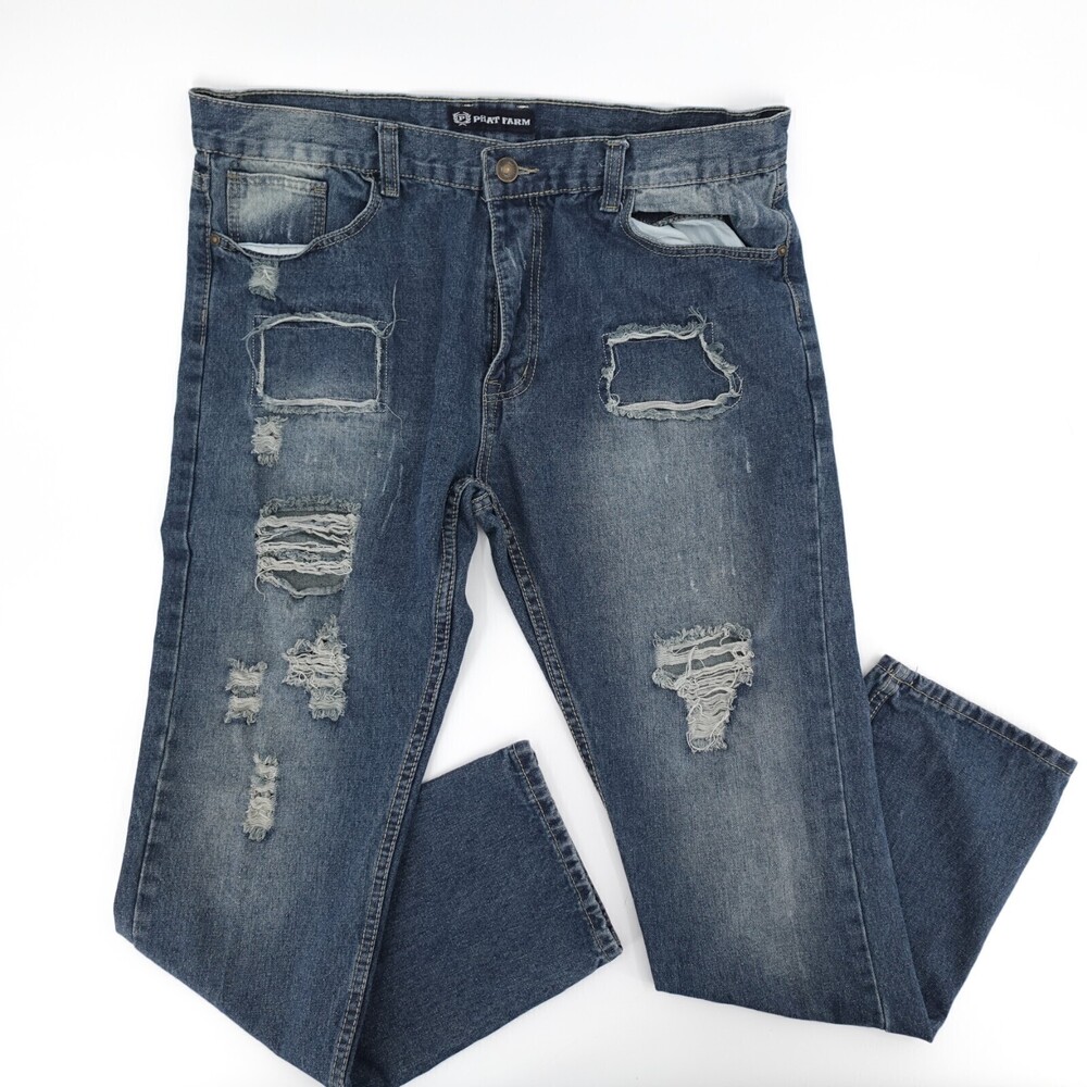 Phat Farm Jeans Mens 40W Blue Distressed Straight Mid rise Classic 90s Retro